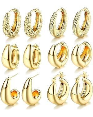 JeryWe 6 Pairs Gold Chunky Hoop Earrings Set 14K Gold Hoop Earrings for Women Hypoallergenic Thic... | Amazon (CA)