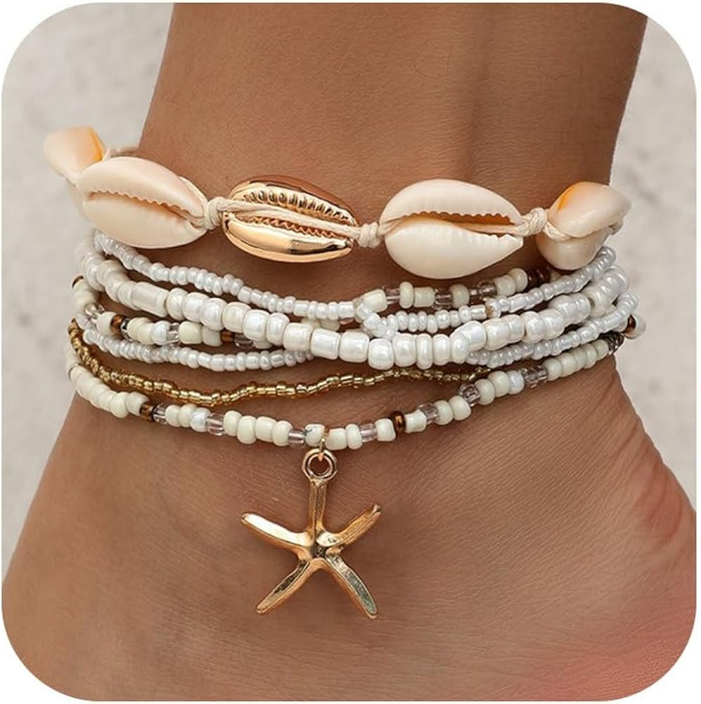 Shell Ankle Bracelet Set for Women, Gold Boho Bead Adjustable Anklet, Hawaiian Beach Seashell Pea... | Amazon (US)