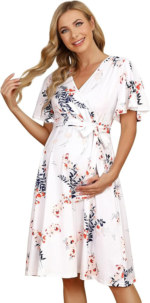 Women's Wrap Maternity Dress Empire Waist Knee Length Midi Dress with Belt Baby Shower or Casual ... | Amazon (US)