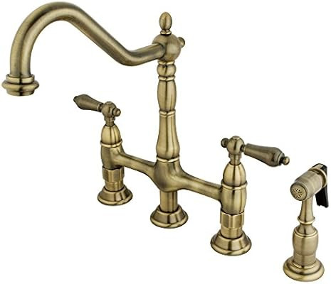 Kingston Brass KS1273ALBS Heritage 8-Inch Kitchen Bridge Faucet with Brass Sprayer, Antique Brass | Amazon (US)