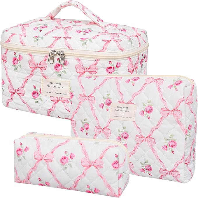 Quilted Makeup Bag,Large Cosmetics Bag Set,Cotton Coquette Floral Make up Pouch,Travel Toiletry B... | Amazon (US)