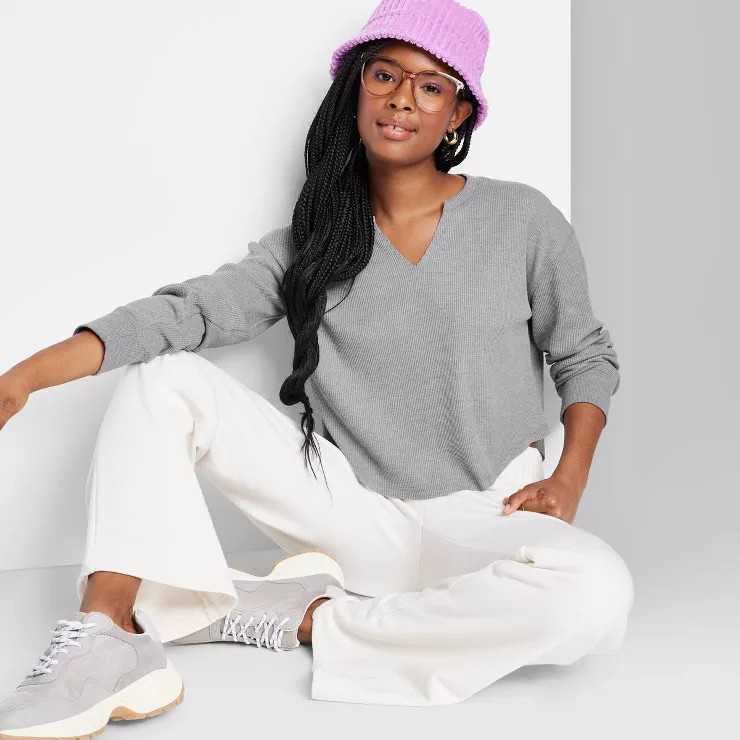 Women's Long Sleeve V-Neck Waffle Boxy T-Shirt - Wild Fable™ | Target