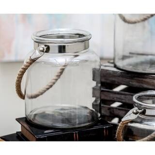 Litton Lane Clear Glass Handmade Decorative Candle Lantern with Rope Handle 28864 - The Home Depo... | The Home Depot