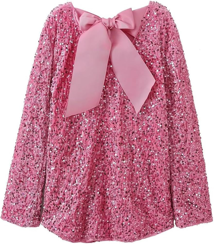 MINIDORA Women's Sequined Sparkly Party Dresses Ribbon Long Sleeved Club Night Out Mini Dresses | Amazon (US)