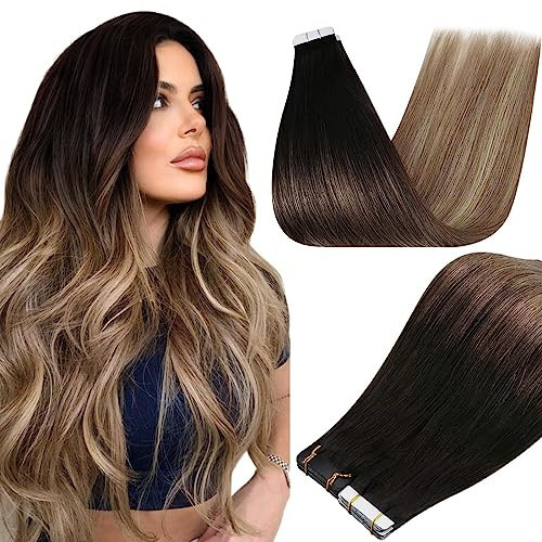 Full Shine Tape in Hair Extensions Ombre 14 Inch Balayage Hair Extensions Tape in Off Black Fading to Ash Brown with Medium Blonde Invisible Extensions Human Hair Natural 50 Gram 20pcs Adhesive Hair | Amazon (US)