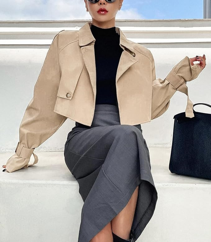 Kedera Women's Cropped Trench Coat Long Sleeve Casual Jacket Classic Double-Breasted Lapel Overco... | Amazon (US)