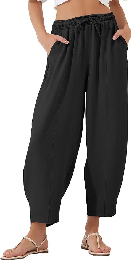 EVALESS Women's Summer High Waisted Baggy Pants Casual Ankle Length Trouser Slacks with Pockets | Amazon (US)