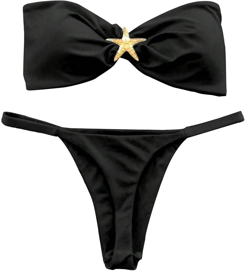 WDIRARA Women's 2 Piece Strapless Swimsuit Brazilian Thong Bikini Set Metal Starfish Bandeau Bath... | Amazon (US)