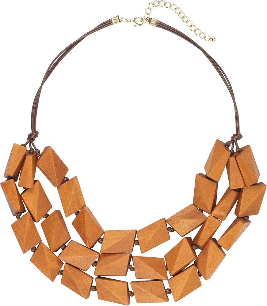 Coiris 3 Layers Big Faceted Wood Beaded Strand Statement Necklace for Women Chunky Collar | Amazon (US)
