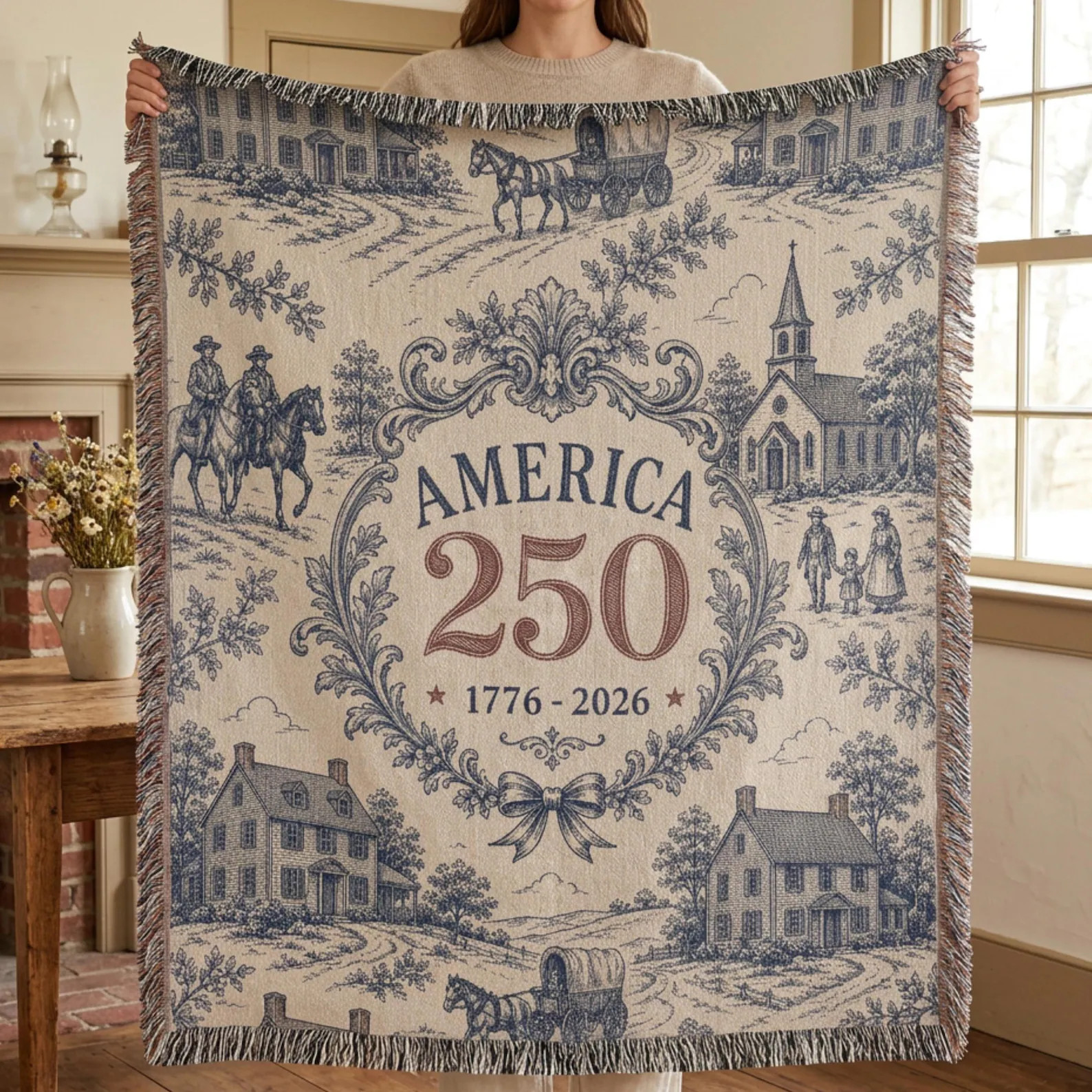 America 250 Blanket Woven Cotton Throw Patriotic Americana Farmhouse Style Vintage Toile Historic... | Etsy (Global)