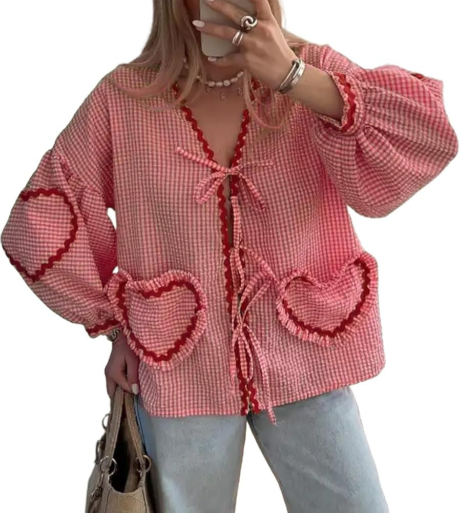 POHADON Cute Heart Tie Front Tops Puff Long Sleeve Blouse Bow Top Trendy Babydoll Shirts Y2K Aest... | Amazon (US)
