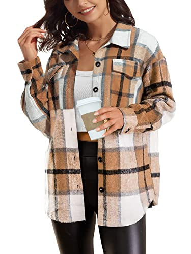 Womens Casual Plaid Shacket Wool Blend Button Down Long Sleeve Shirts Fall Outfit 2023 Jacket Shackets Fashion Blouse 2023 Apricot | Amazon (US)