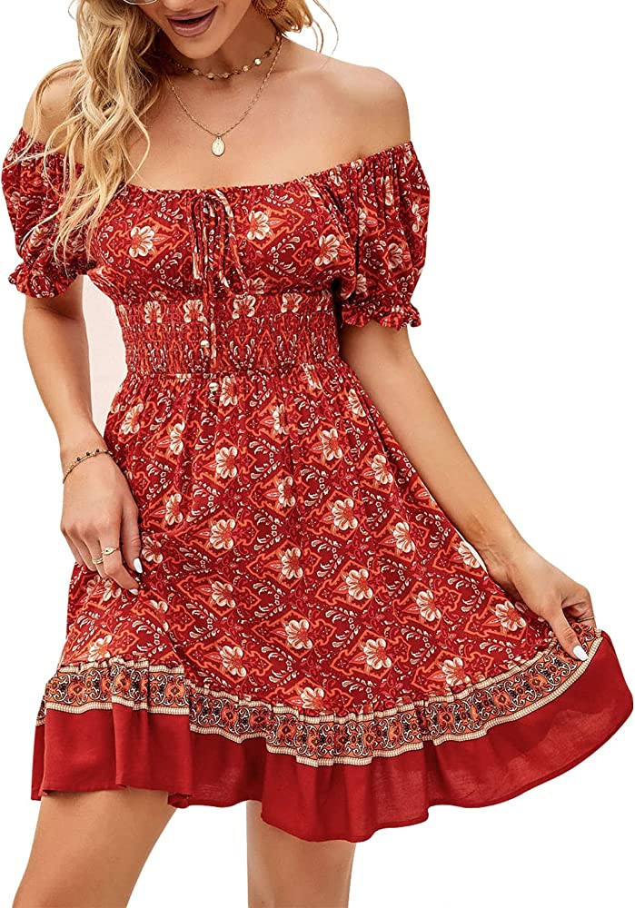 uoDim Women's Off Shoulder Dresses Summer Floral Ruched Dress Boho Dress Boho Outfits Boho Chic | Amazon (US)