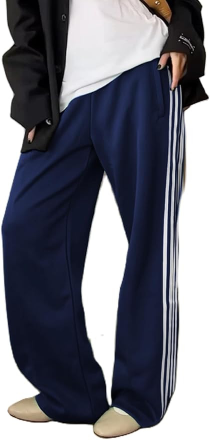 KMBANGI Women Striped Track Pants Elastic Waist Straight Leg Sweatpants Joggers Wide Leg Side Str... | Amazon (US)