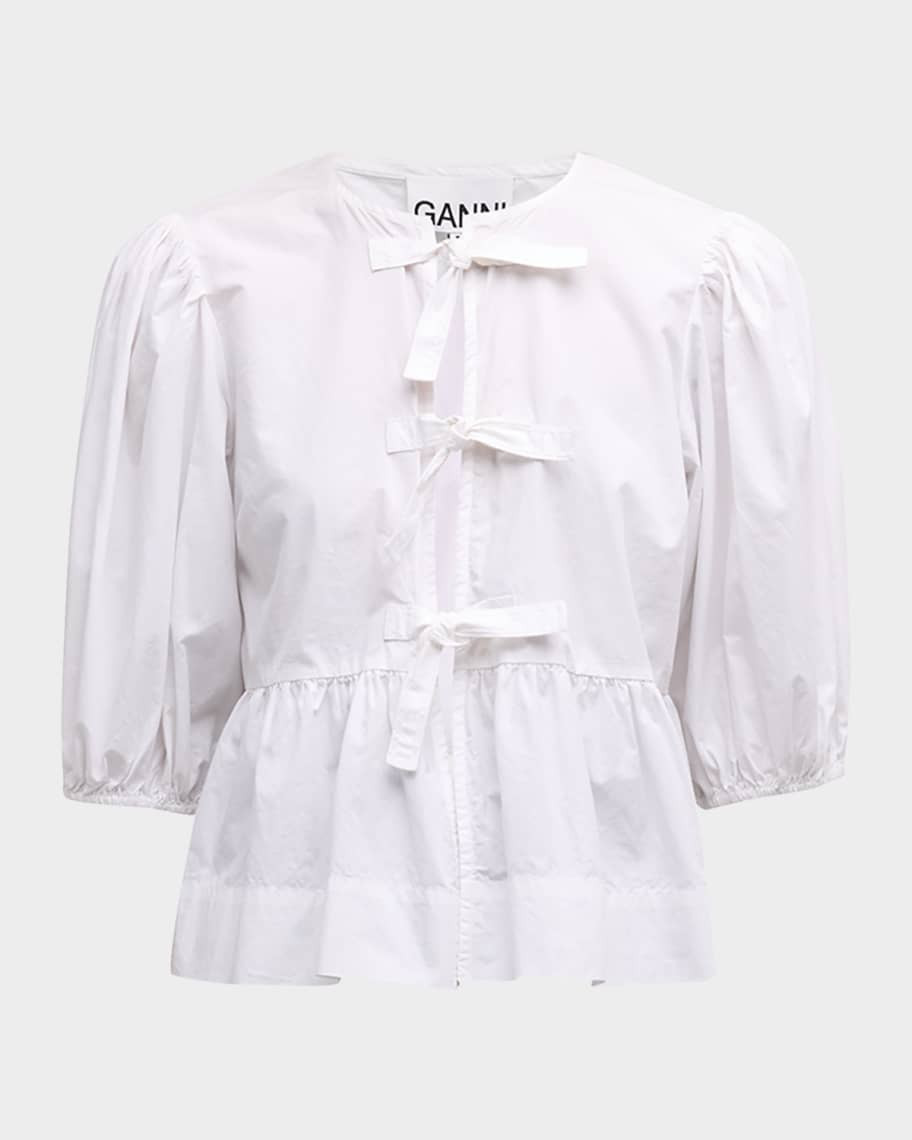 Poplin Front-Tie Peplum Blouse with Puffed-Sleeves | Neiman Marcus