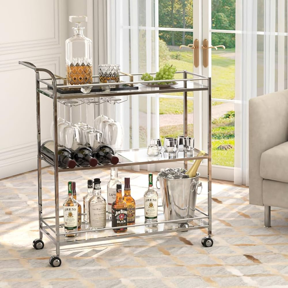 Bar Cart Silver, Home Bar Serving Cart, Modern Bar Cart with 3-Tier, Mobile Kitchen Shelf with Wi... | Amazon (US)