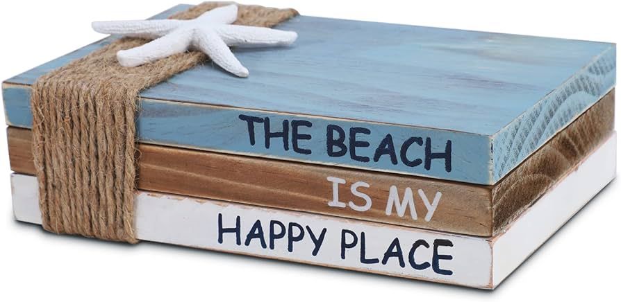 SOMTO Beach Wooden Decorative Books Starfish Stacked Faux Ocean Theme Books for Fireplace Mantle ... | Amazon (US)