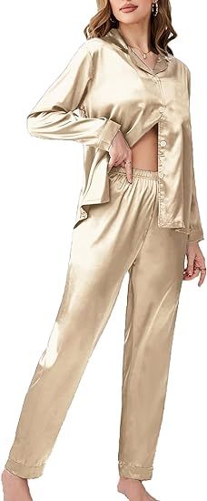 ft FENTENG Womens Satin Pajama Set Long Sleeve Silky Sleepwear Soft Button Down Loungewear Silk P... | Amazon (US)