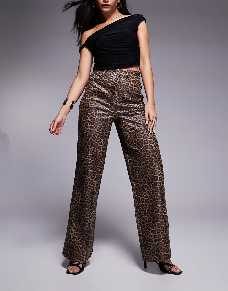 ASOS DESIGN leather look wide leg pants in leopard-Multi | ASOS (Global)