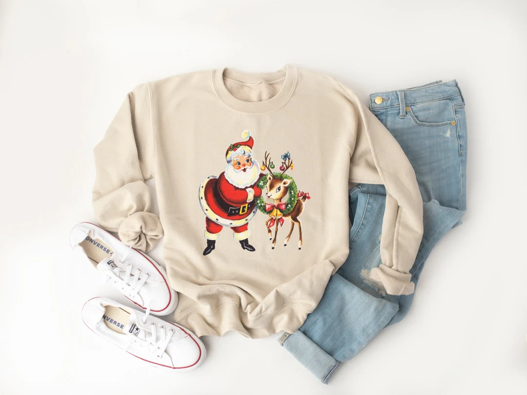 Vintage Santa Reindeer Crewneck Womens Retro Christmas Sweatshirt Reindeer Tee, Santa Tee, Holida... | Etsy (US)