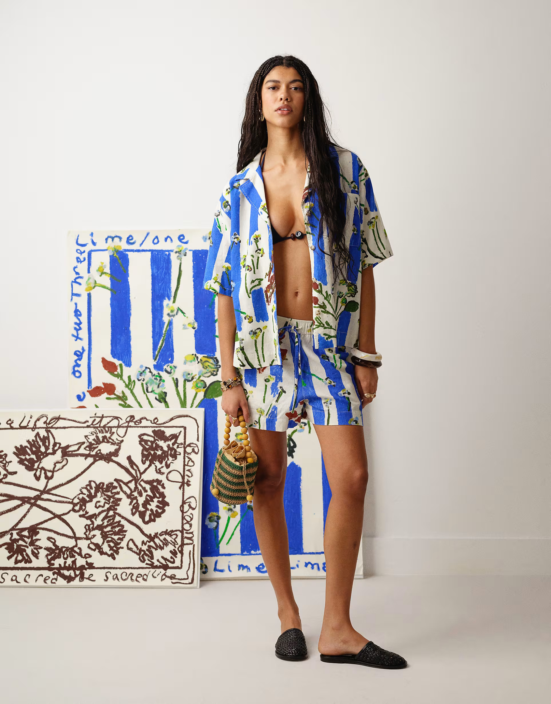 Topshop co-ord linen resort shirt in visual blue conversational print | ASOS (Global)