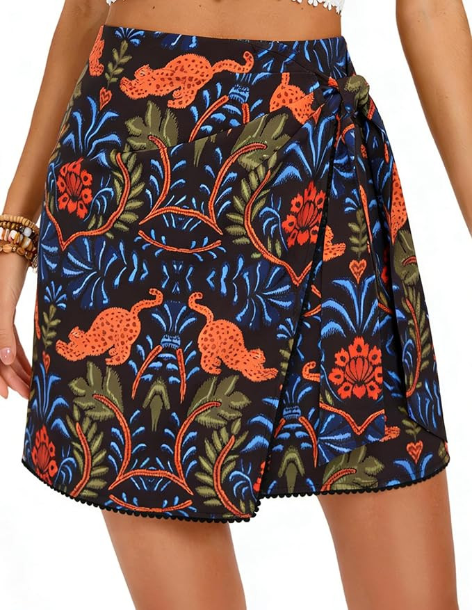 Kate Kasin Women's Boho Mini Skirts Floral Wrap Tie Skirt Elastic High Waisted Summer Casual Beac... | Amazon (US)
