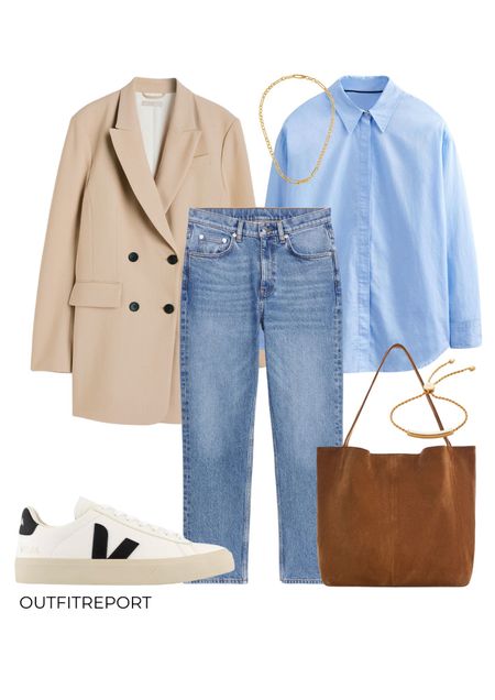Blazer fashion in denim jeans, veja sneakers, blue shirt, beige camel blazer, brown handbag and gold jewellery 

#LTKunder100 #LTKstyletip #LTKshoecrush