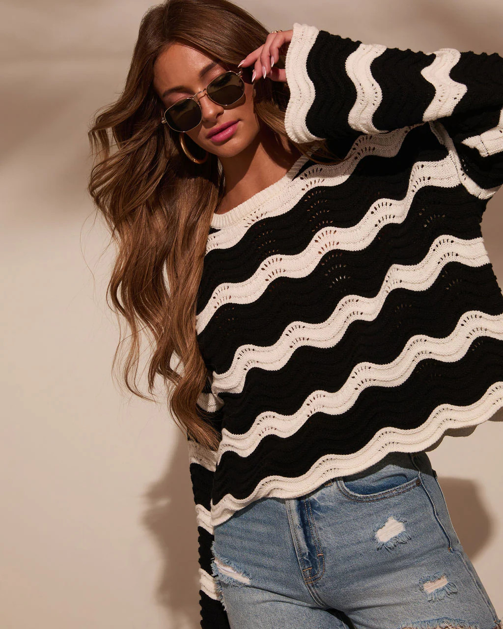 Janerio Wavy Striped Crochet Sweater | VICI