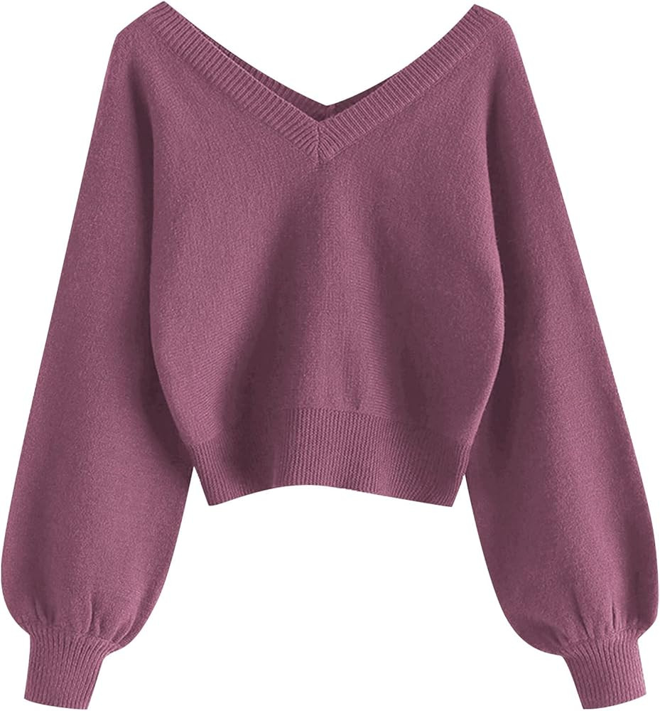 ZAFUL Women's Cropped Sweater V-Neck Long Sleeve Crop Sweater Pullover Jumper Knit Top | Amazon (US)