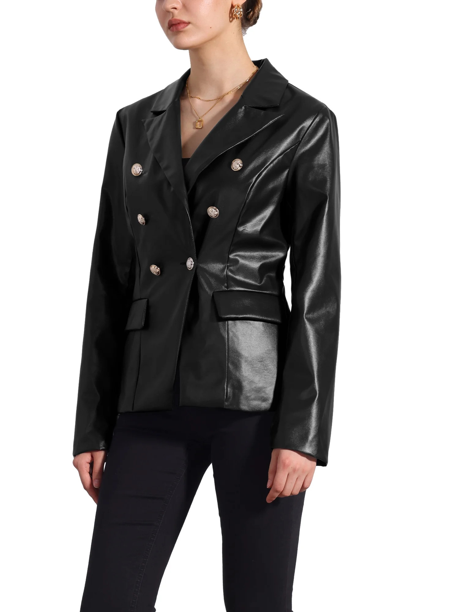 Allegra K Women's Notched Lapel Faux Leather Blazer Double Breasted PU Work Formal Jackets | Walmart (US)