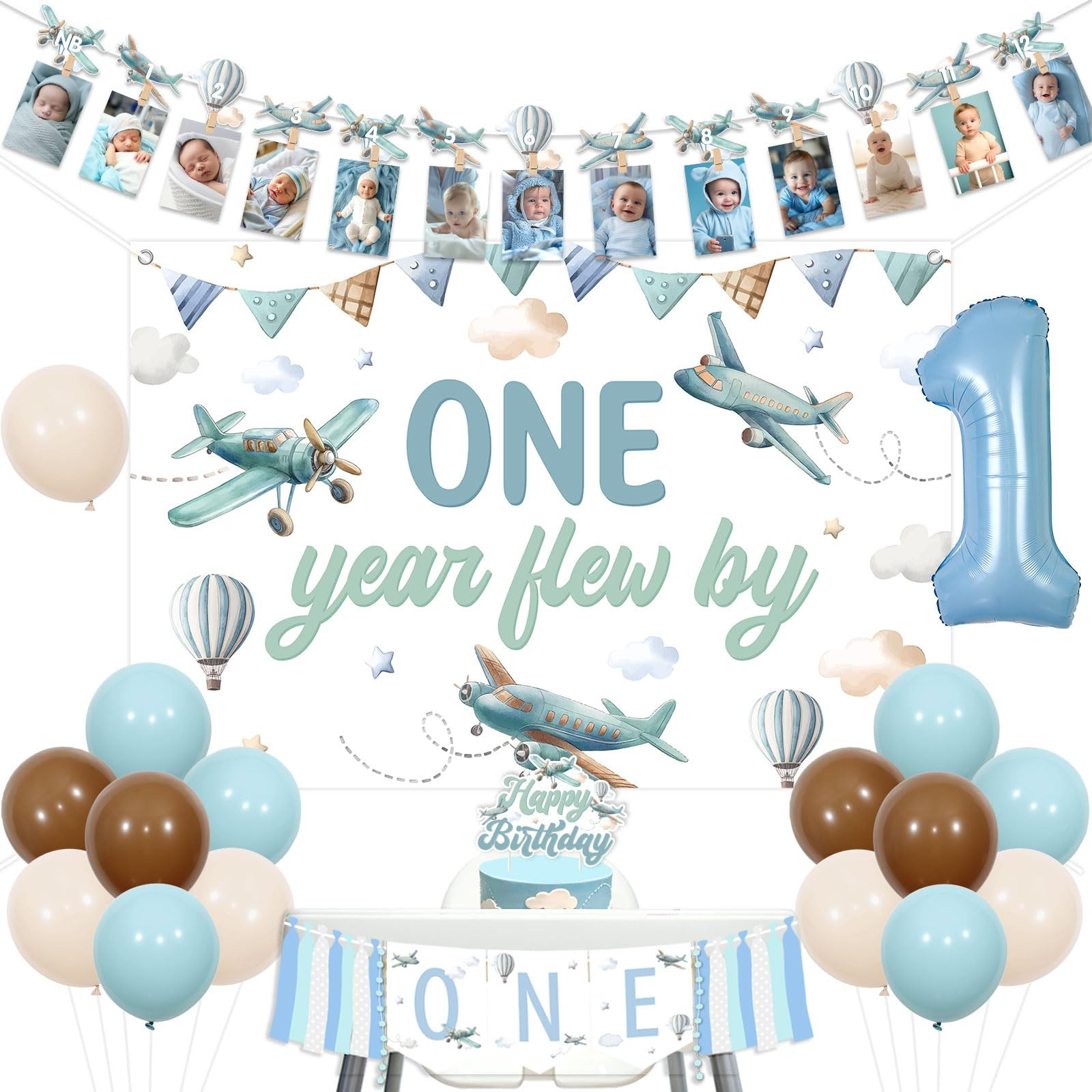 Kreatwow Airplane Party 1st Birthday Decorations Airplane Photo Banner One Year Flew By Birthday ... | Amazon (US)
