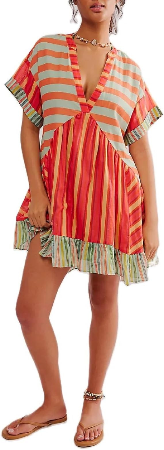 Women Bohemian Floral Mini Dress Boho Puff Sleeve V Neck Dress 2024 Summer Beach Short Dress | Amazon (US)