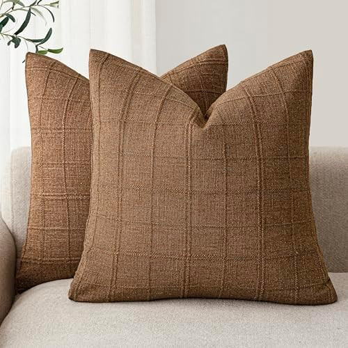 Foindtower Set of 2 Decorative Linen Check Throw Pillow Covers Neutral Farmhouse Vintage Cushion ... | Amazon (US)
