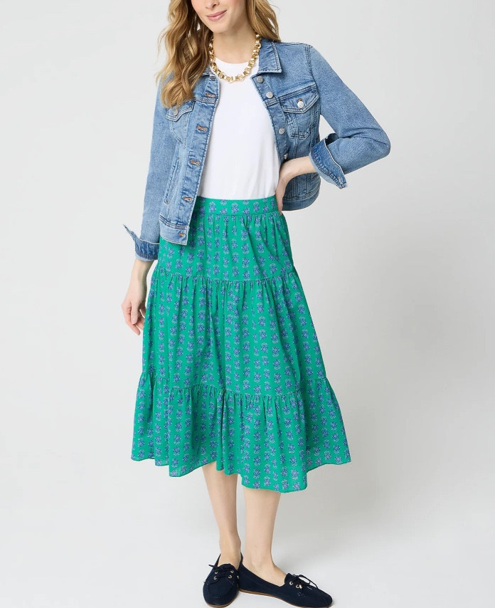Green and blue patterned tiered midi skirt 
Spring outfit 

#LTKSeasonal #LTKSaleAlert