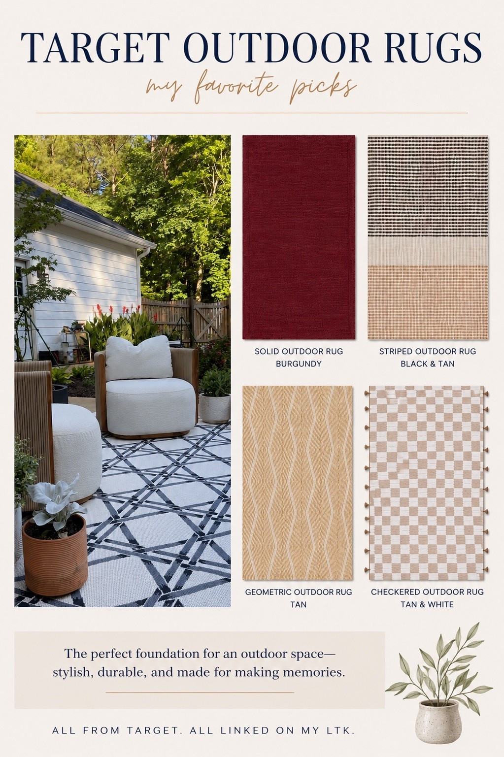 Outdoor rugs are one of my favorite ways to completely change the feel of a patio without spending a fortune 🤍 These are a few of my current Target favorites — from classic neutrals to fun pattern moments that make an outdoor space feel layered and pulled together.

Everything is beautifully priced and linked in my LTK ✨

Keywords: outdoor rugs | Target outdoor decor | patio styling | neutral outdoor rug | patterned outdoor rug | backyard inspiration | outdoor living | patio refresh

#targetstyle #outdoorliving #patiodecor #targetfinds #ltkhome