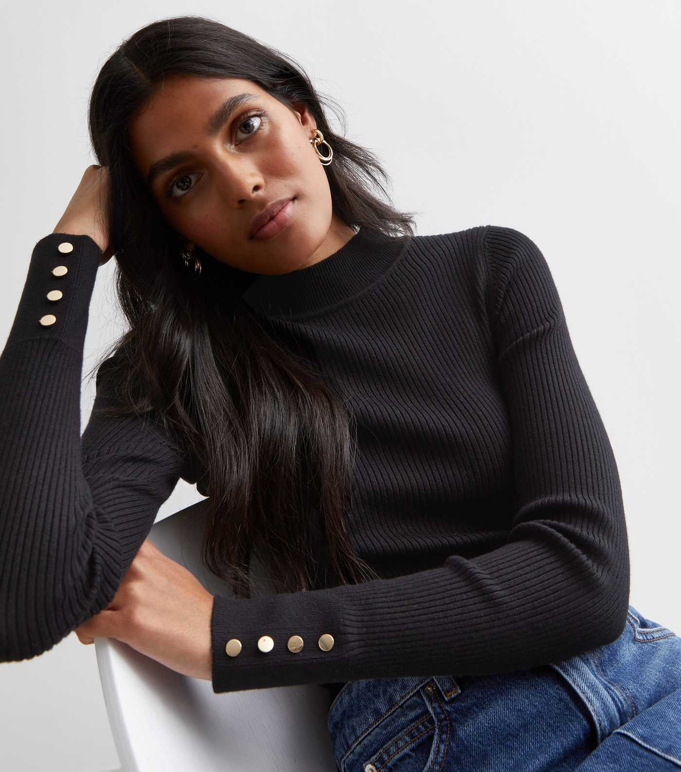 Black Ribbed Knit Button Cuff Jumper
						
						Add to Saved Items
						Remove from Saved Item... | New Look (UK)