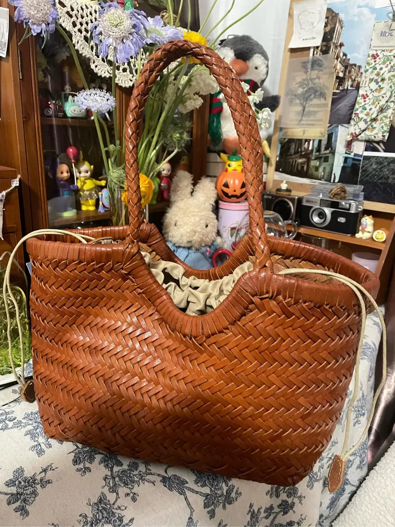 Top Layer Cowhide Woven Bag French Style Vegetable Basket Bag Ladies Basket Christmas Gift Hand-w... | Etsy (US)