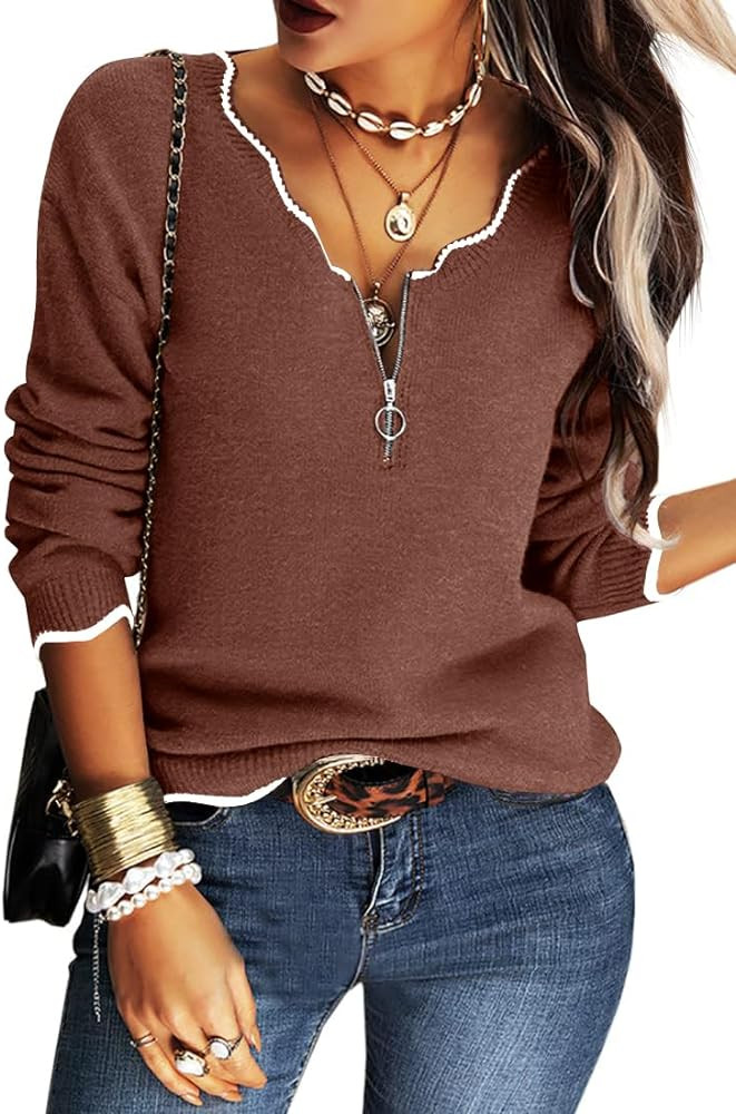 Hongqizo Women's V Neck Long Sleeve Sweater Half Zipper Knit Sweater Casual Cricket Stripe Jumper... | Amazon (US)
