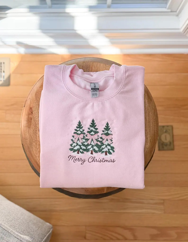 Merry Christmas Embroidered Sweatshirt – Holiday Crewneck With Christmas Trees & Bows, Christma... | Etsy (US)