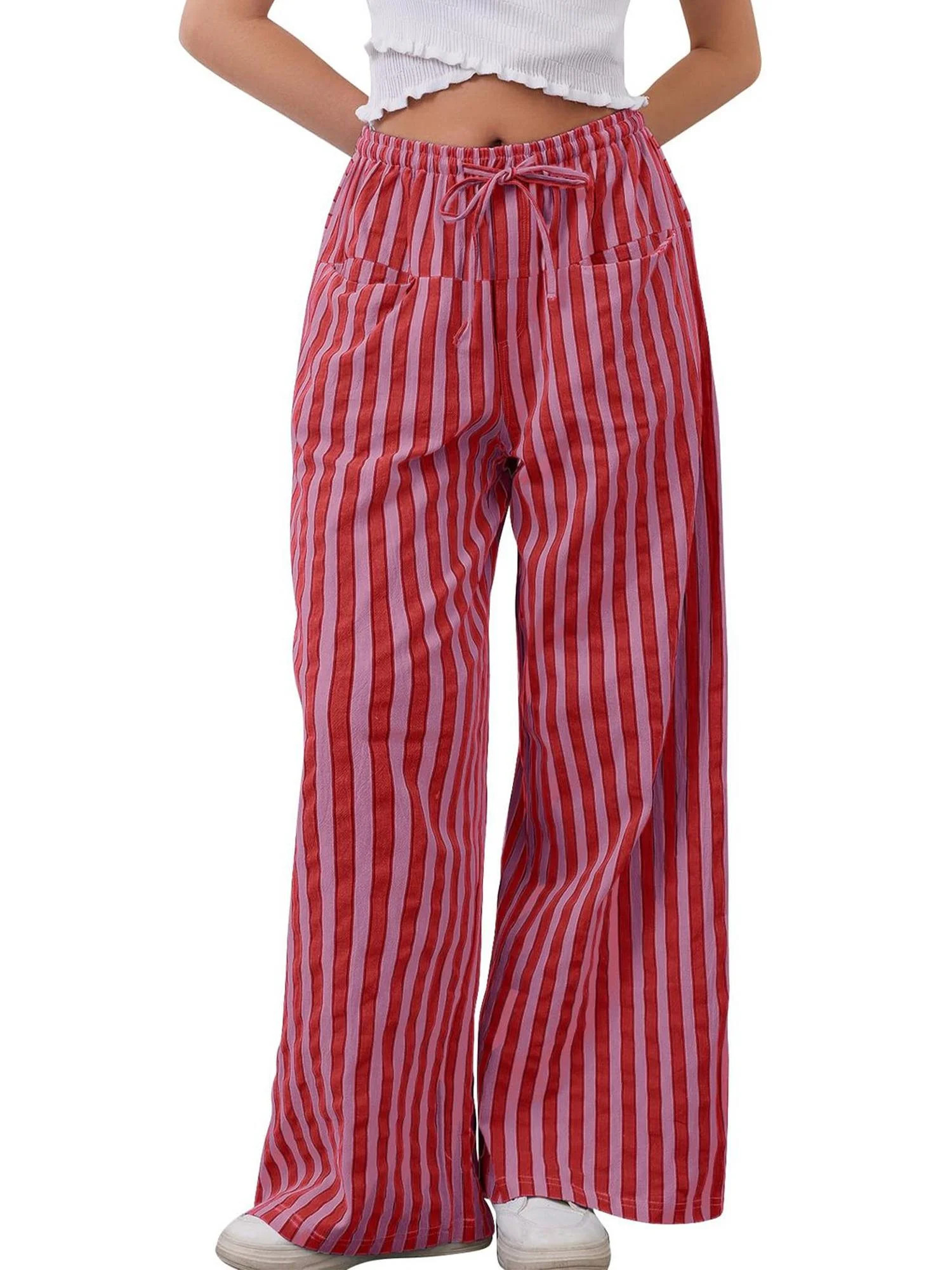 TEMOFON Pants for Women Wide Leg Palazzo High Waist Pants Casual Drawstring Striped Pants Comfy L... | Walmart (US)
