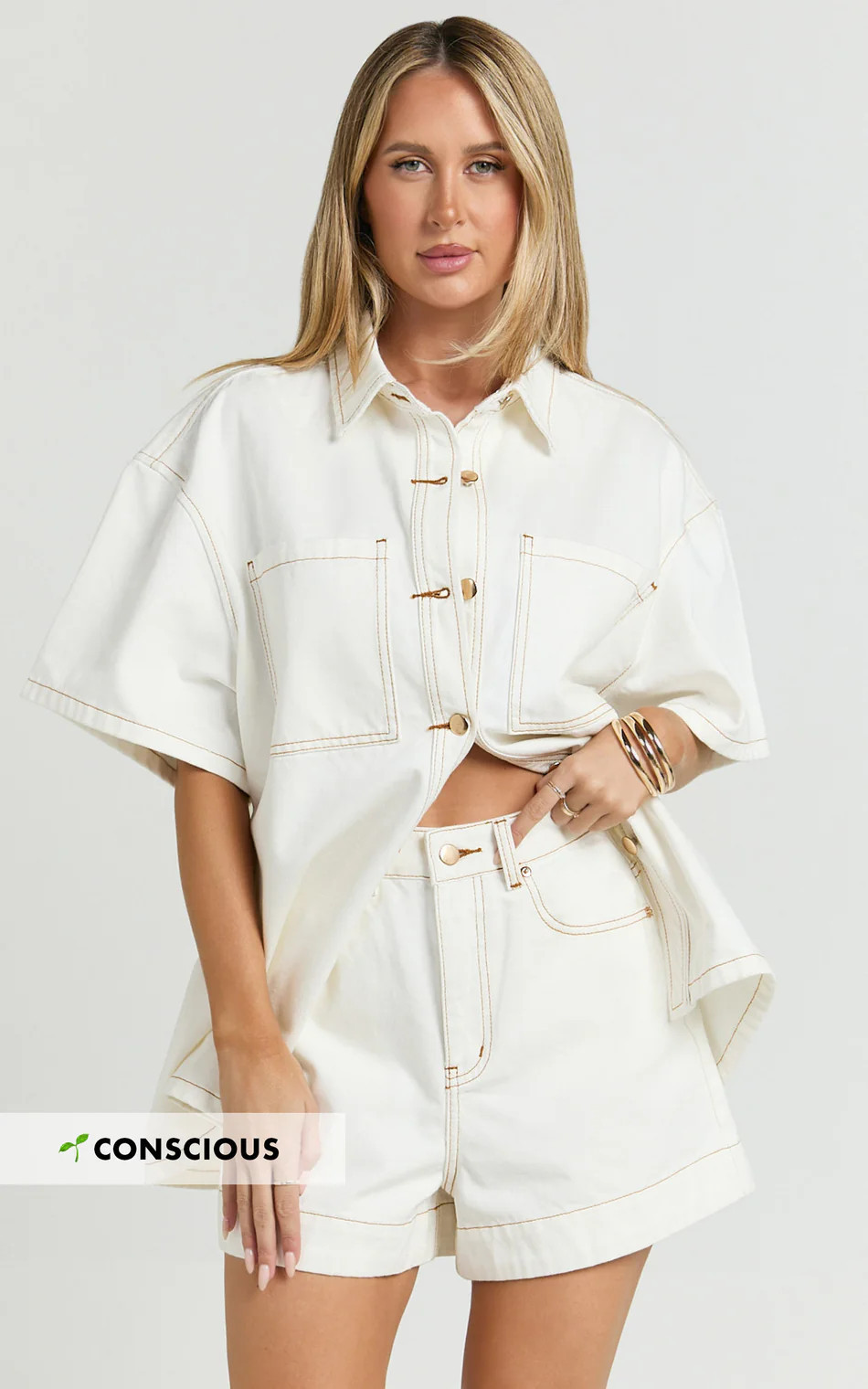 Rhianna Shorts - Mid Waist Recycled Denim Shorts in Ecru with Contrast Tobacco Stitch | Showpo (US, UK & Europe)