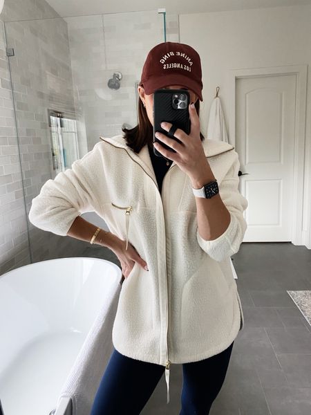 Athleisure outfit! XXS in this cozy fleece jacket! Small in the leggings and added this fun baseball cap- love the Fall color! 

#LTKfitness #LTKover40 #LTKSeasonal