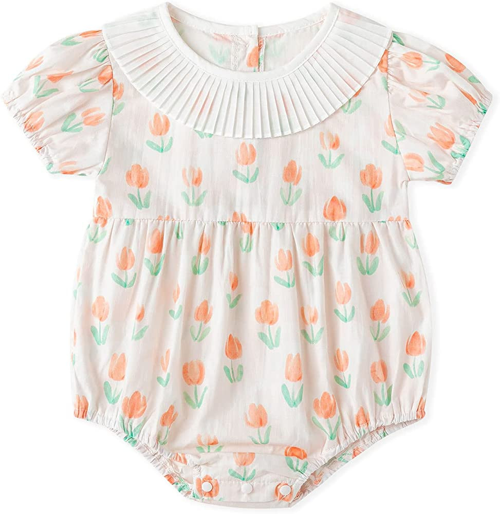 Simplee kids Rompers for baby girls Floral Print Onesies Ruffled Collar Puff Sleeve Summer Clothe... | Amazon (US)