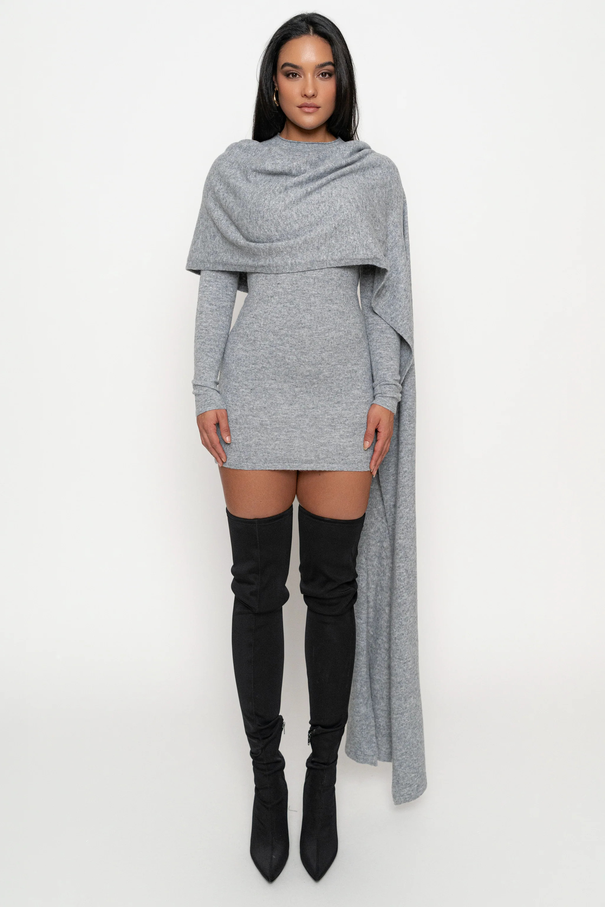 Heather Grey Scarf Draped Mini Dress | JLUXLABEL
