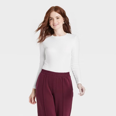 Women's Long Sleeve Ribbed T-Shirt - A New Day™ White XS | Target