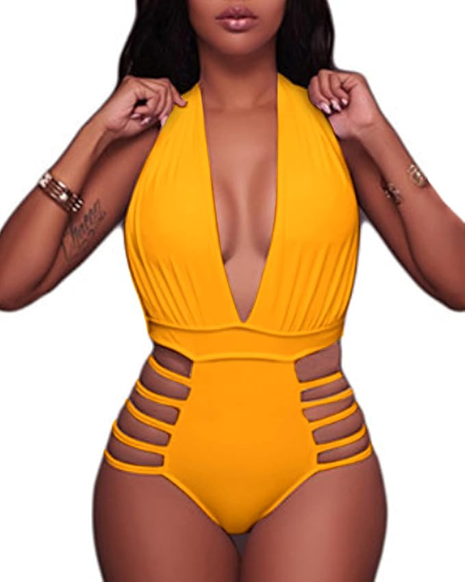 Aqua Eve Women Sexy 1 Piece Swimsuits Halter Plunge V Neck Cutout Bathing Suits | Amazon (US)