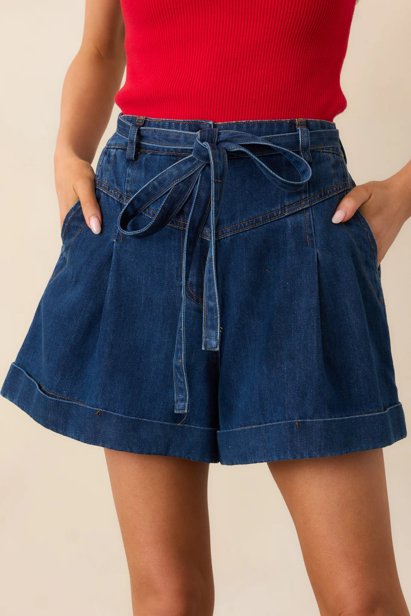 Never Out Of Style Belted Dark Wash Denim Shorts | Red Dress
