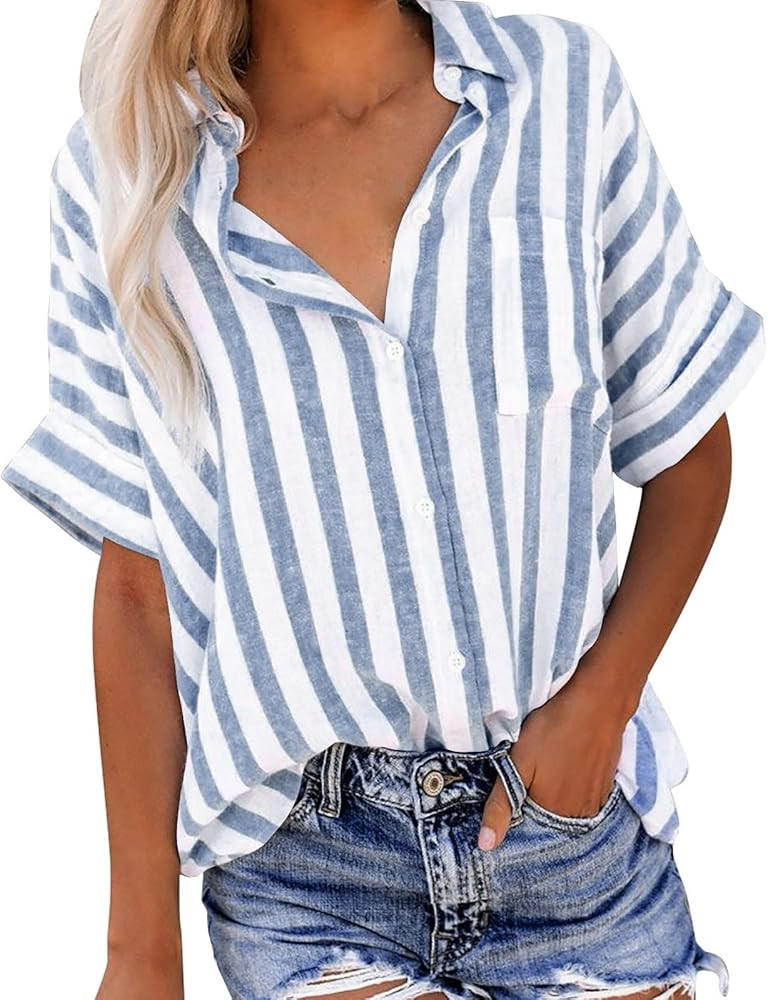 Women Striped Button Down Shirts Cotton Linen Blouse Tops Short Sleeve Collar Guaze Shirt Trendy ... | Amazon (US)