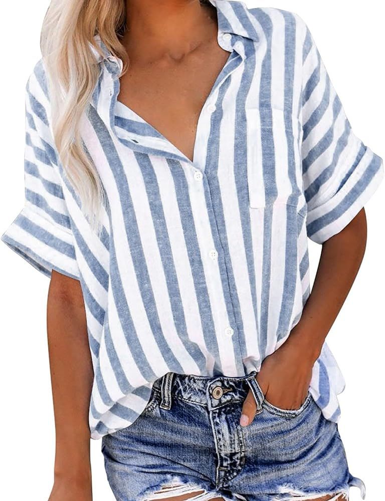 Women Striped Button Down Shirts Cotton Linen Blouse Tops Short Sleeve Collar Guaze Shirt Trendy ... | Amazon (US)