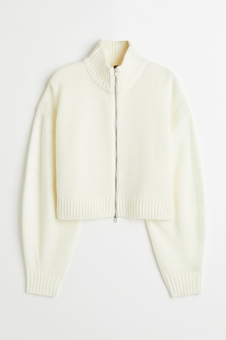 Short, knit sweater jacket in soft fabric. Stand-up collar, zipper at front, and long balloon sle... | H&M (US + CA)